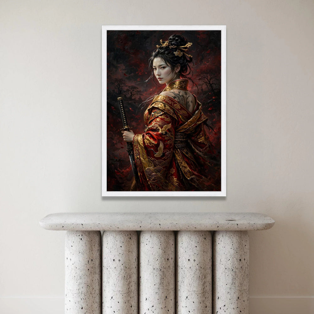 Elegant Samurai Woman Canvas, Traditional Japanese Warrior Art, Red Gold Kimono Wall Art, Oriental Sword Canvas, Asian Canvas Print Art