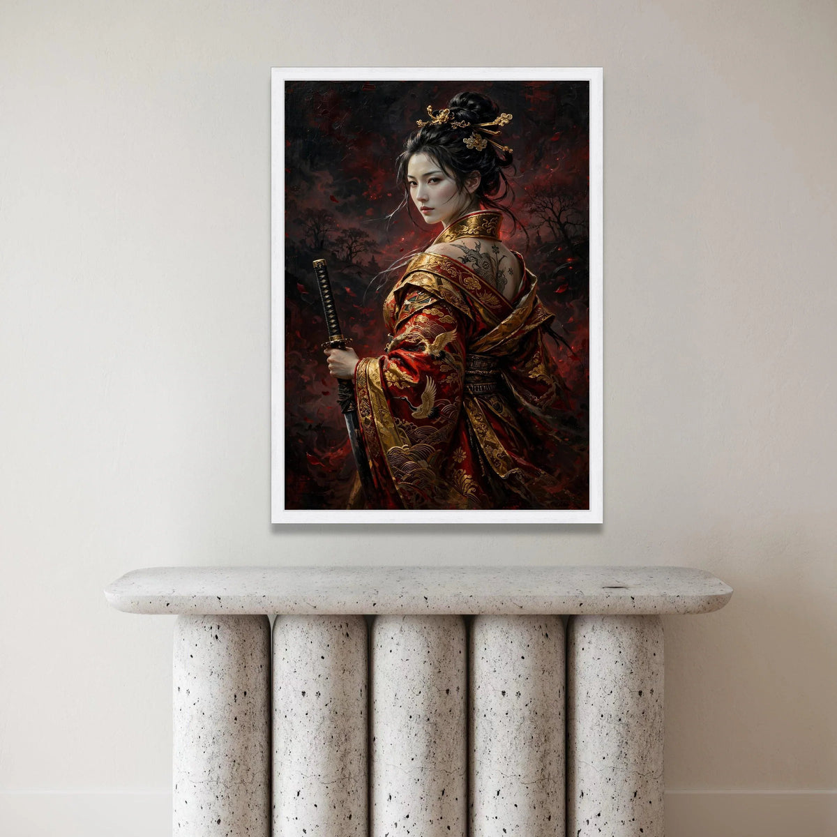 Elegant Samurai Woman Canvas, Traditional Japanese Warrior Art, Red Gold Kimono Wall Art, Oriental Sword Canvas, Asian Canvas Print Art
