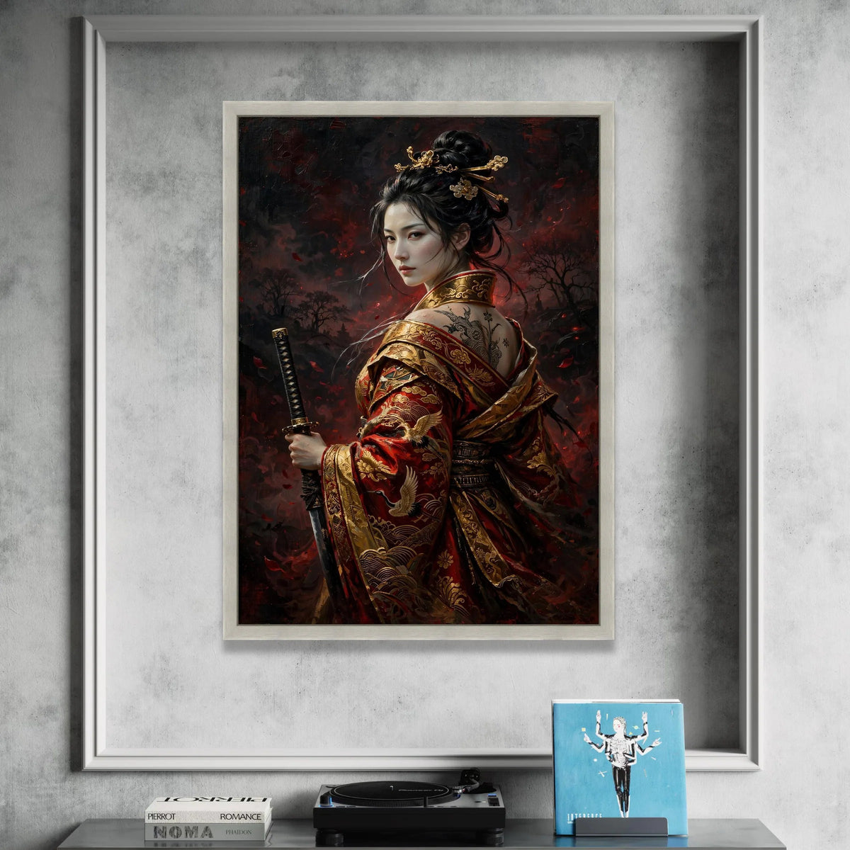 Elegant Samurai Woman Canvas, Traditional Japanese Warrior Art, Red Gold Kimono Wall Art, Oriental Sword Canvas, Asian Canvas Print Art