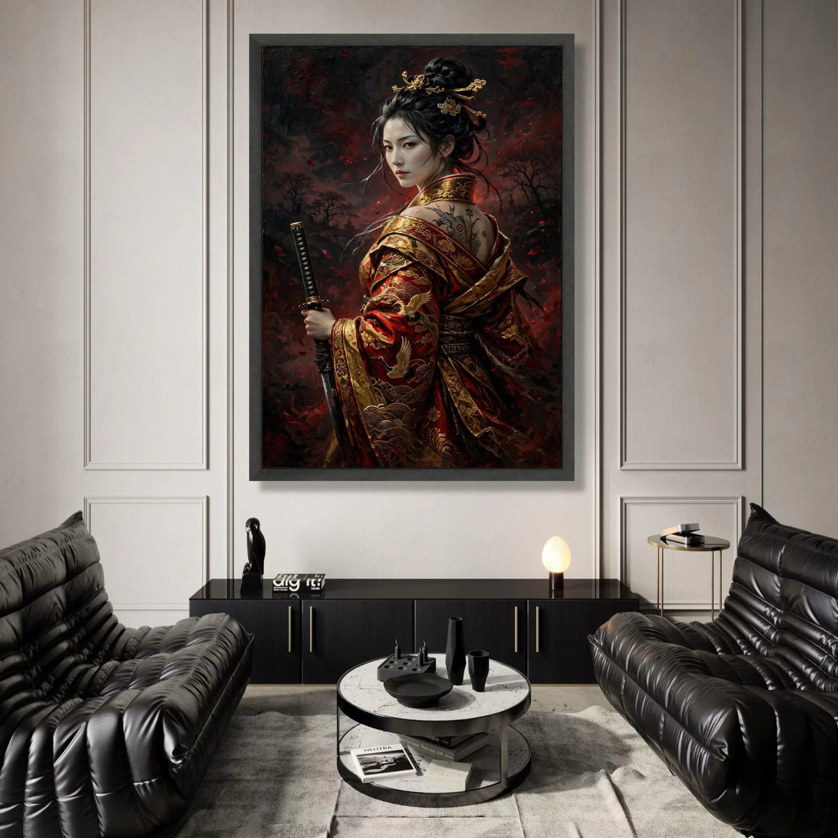 Elegant Samurai Woman Canvas, Traditional Japanese Warrior Art, Red Gold Kimono Wall Art, Oriental Sword Canvas, Asian Canvas Print Art