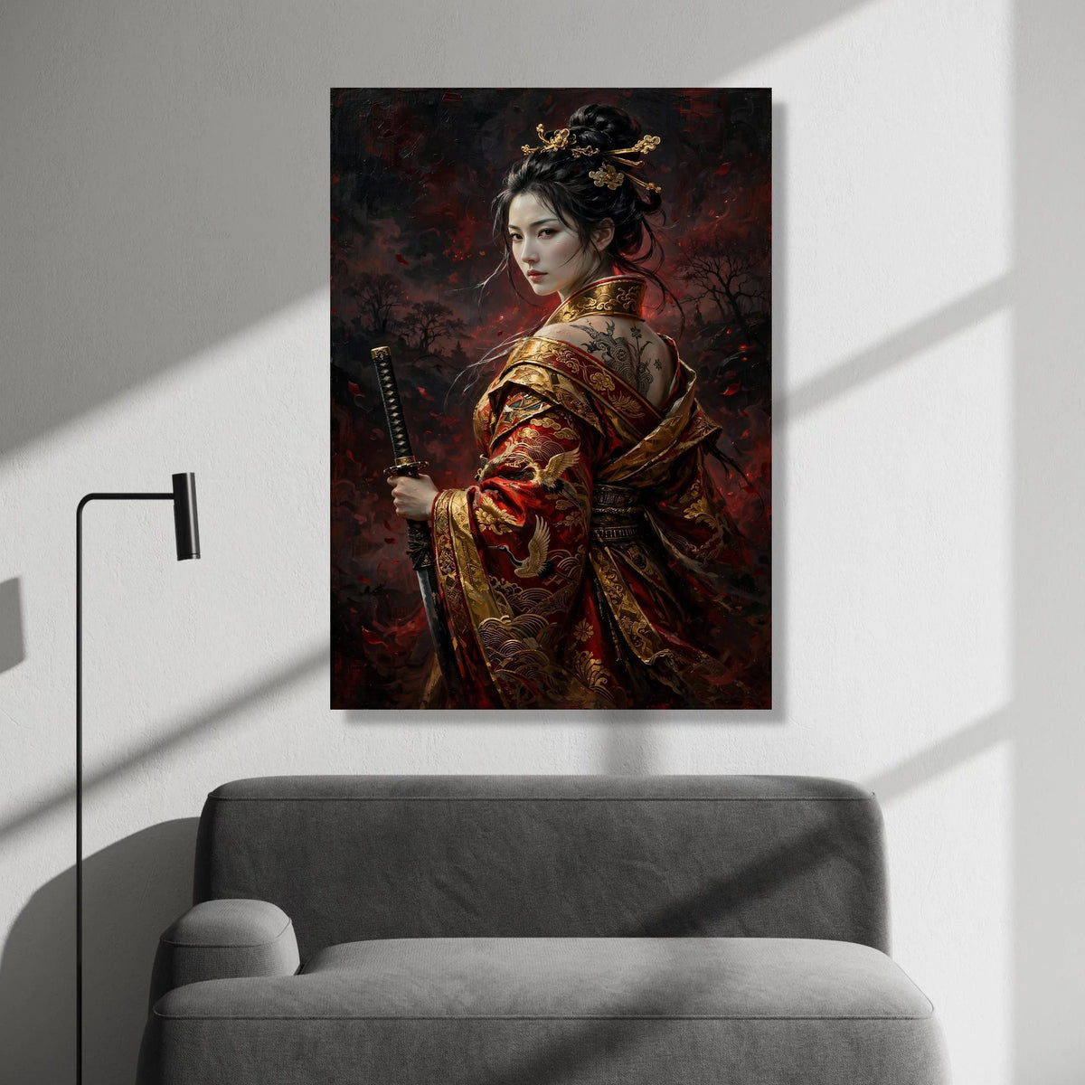 Elegant Samurai Woman Canvas, Traditional Japanese Warrior Art, Red Gold Kimono Wall Art, Oriental Sword Canvas, Asian Canvas Print Art