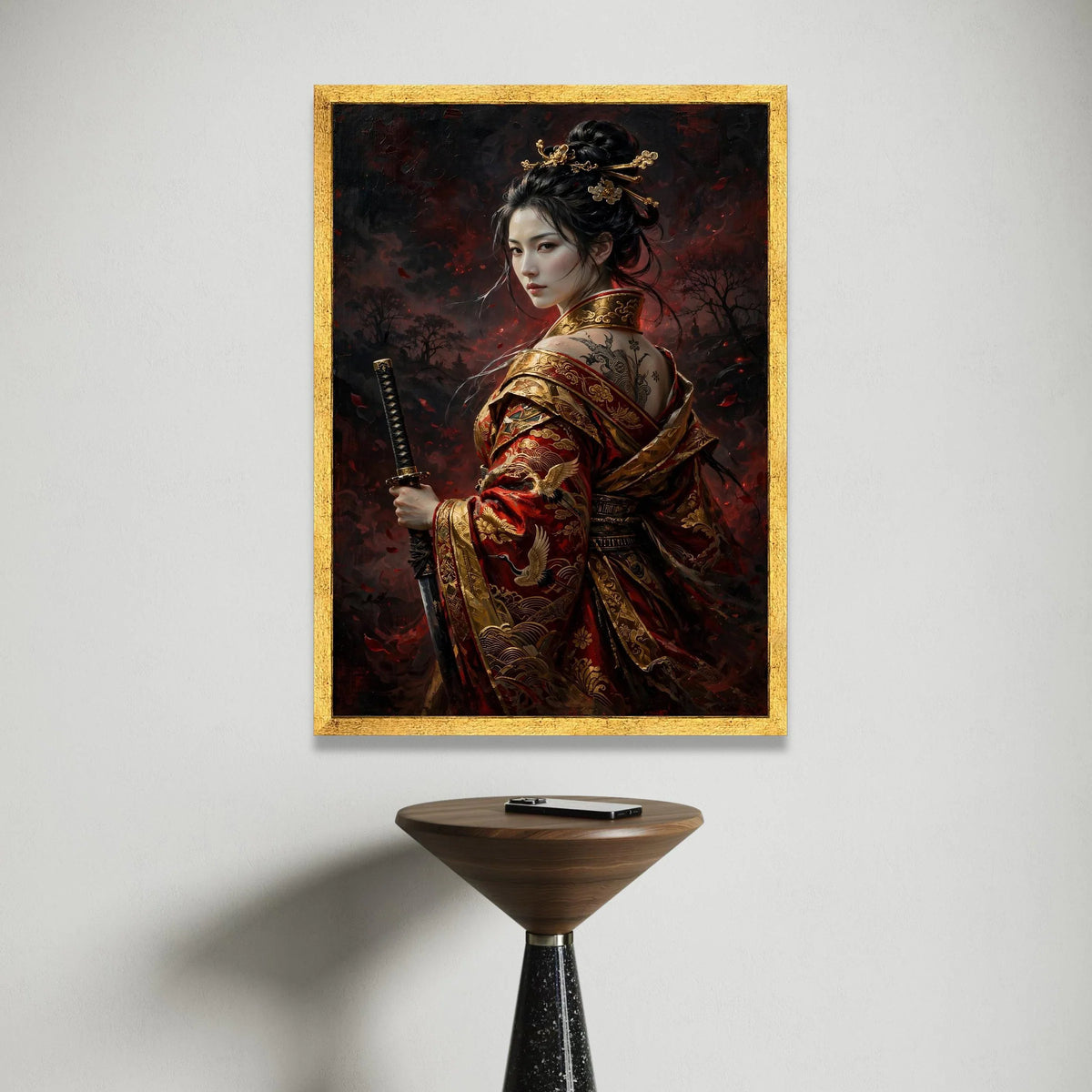 Elegant Samurai Woman Canvas, Traditional Japanese Warrior Art, Red Gold Kimono Wall Art, Oriental Sword Canvas, Asian Canvas Print Art