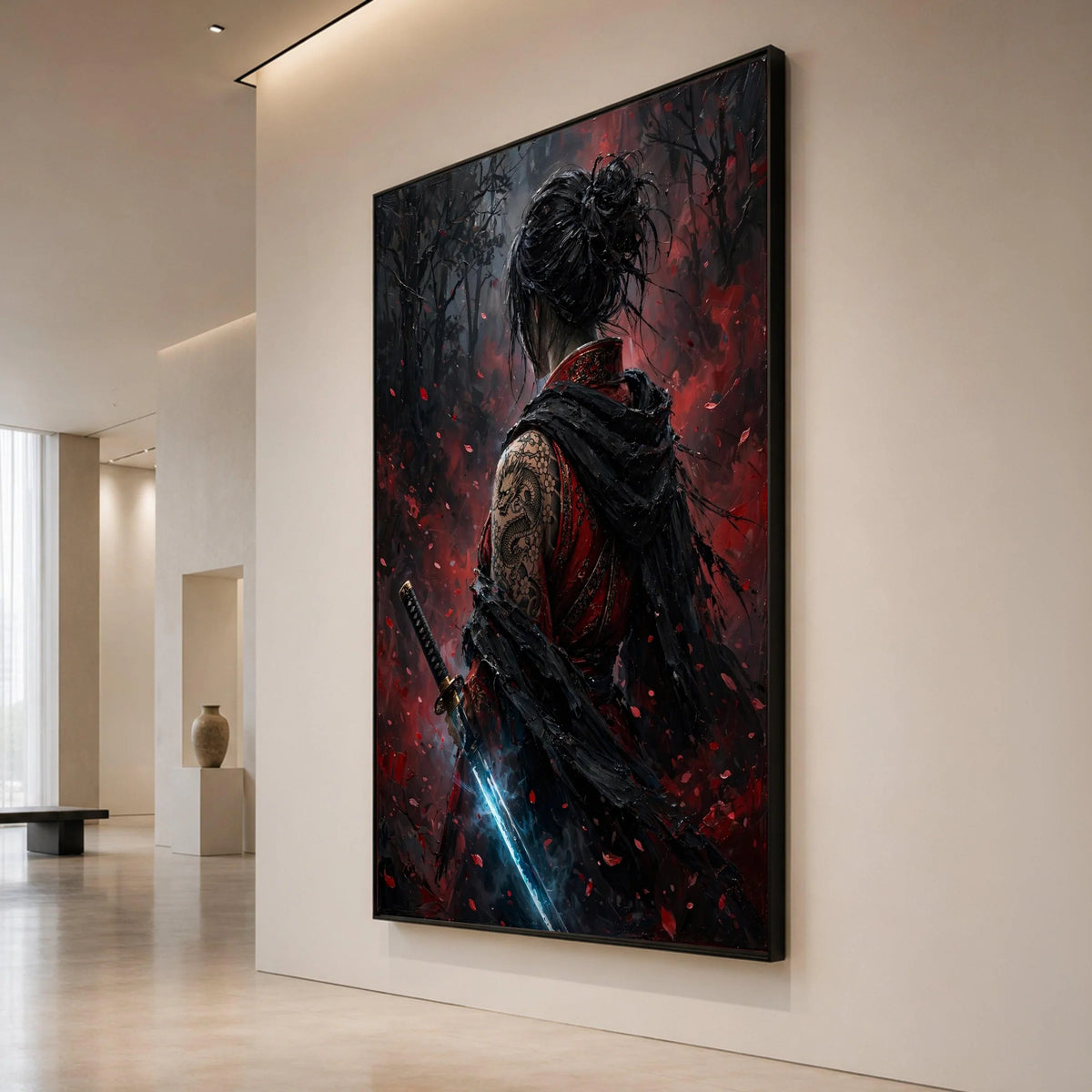 Mystical Samurai Woman Canvas, Dragon Tattoo Art, Katana Sword Illustration, Dark Fantasy Wall Art, Asian Warrior Canvas Canvas Print Art