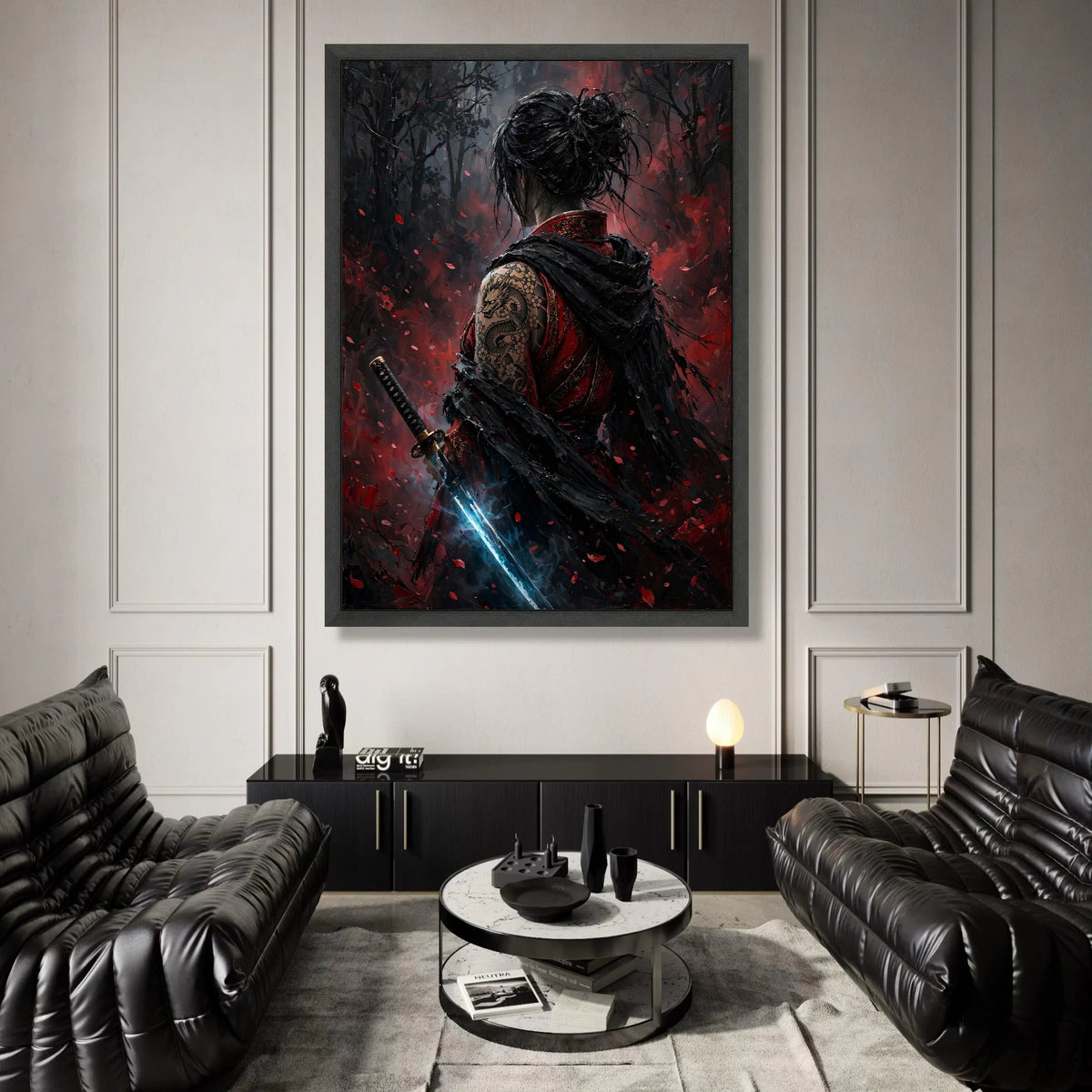 Mystical Samurai Woman Canvas, Dragon Tattoo Art, Katana Sword Illustration, Dark Fantasy Wall Art, Asian Warrior Canvas Canvas Print Art