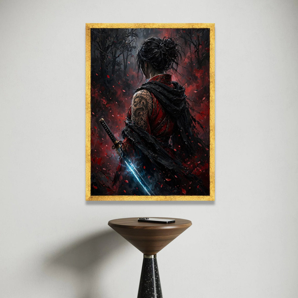 Mystical Samurai Woman Canvas, Dragon Tattoo Art, Katana Sword Illustration, Dark Fantasy Wall Art, Asian Warrior Canvas Canvas Print Art