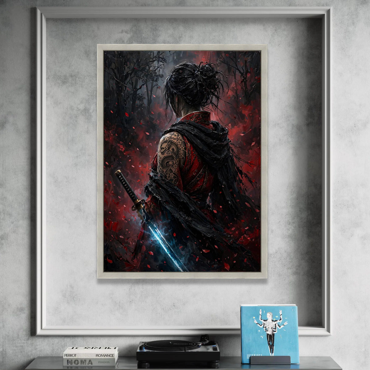 Mystical Samurai Woman Canvas, Dragon Tattoo Art, Katana Sword Illustration, Dark Fantasy Wall Art, Asian Warrior Canvas Canvas Print Art