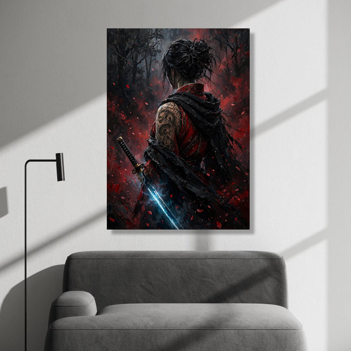 Mystical Samurai Woman Canvas, Dragon Tattoo Art, Katana Sword Illustration, Dark Fantasy Wall Art, Asian Warrior Canvas Canvas Print Art