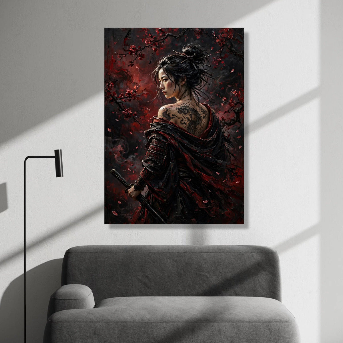 Fierce Samurai Woman with Dragon Tattoo Canvas, Cherry Blossom Wall Art, Japanese Warrior Portrait, Dark Red Home Decor, Canvas Print Art