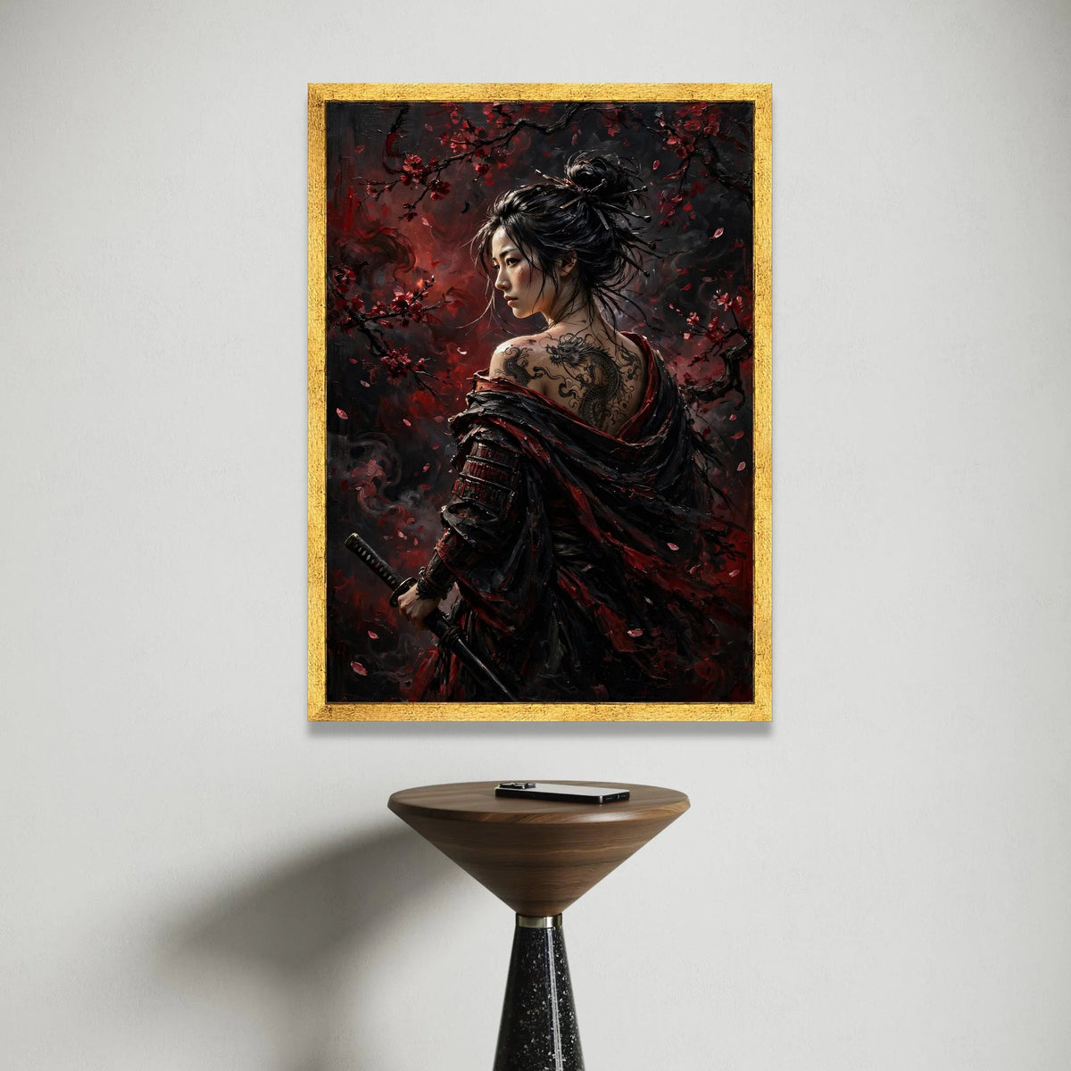 Fierce Samurai Woman with Dragon Tattoo Canvas, Cherry Blossom Wall Art, Japanese Warrior Portrait, Dark Red Home Decor, Canvas Print Art