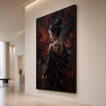 Fierce Samurai Woman with Dragon Tattoo Canvas, Cherry Blossom Wall Art, Japanese Warrior Portrait, Dark Red Home Decor, Canvas Print Art