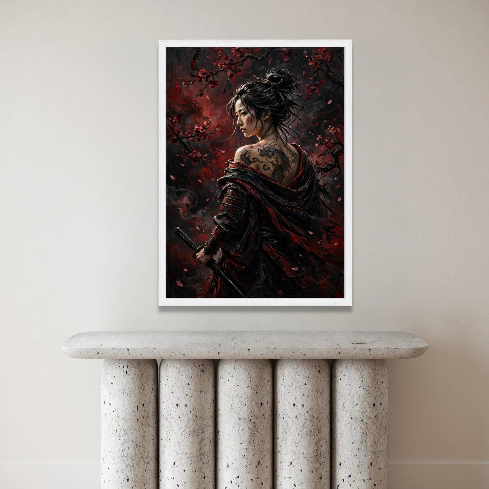 Fierce Samurai Woman with Dragon Tattoo Canvas, Cherry Blossom Wall Art, Japanese Warrior Portrait, Dark Red Home Decor, Canvas Print Art
