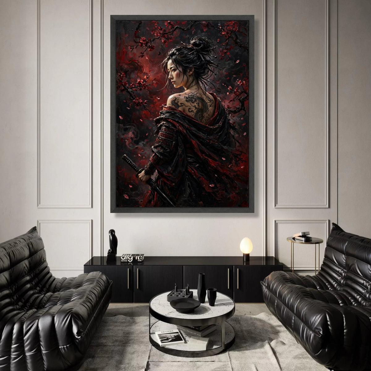 Fierce Samurai Woman with Dragon Tattoo Canvas, Cherry Blossom Wall Art, Japanese Warrior Portrait, Dark Red Home Decor, Canvas Print Art