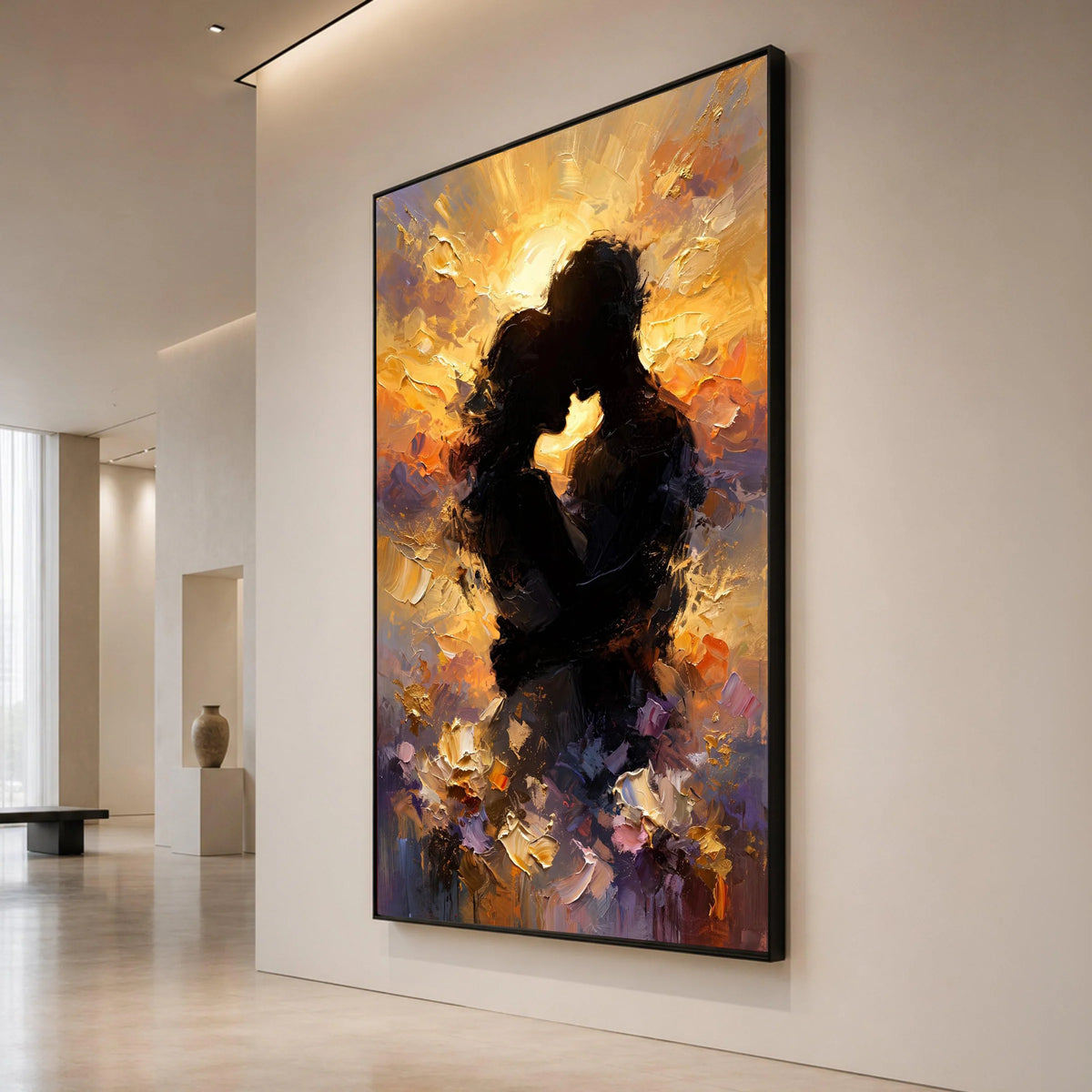 Romantic Silhouettes Embrace Sunset Canvas, Abstract Couple Wall Art, Warm Glow Home Decoration, Love Themed Canvas Art Canvas Print Art