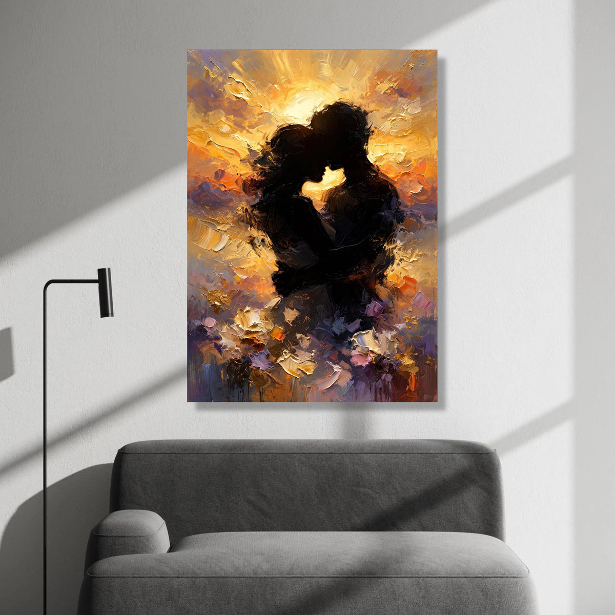 Romantic Silhouettes Embrace Sunset Canvas, Abstract Couple Wall Art, Warm Glow Home Decoration, Love Themed Canvas Art Canvas Print Art