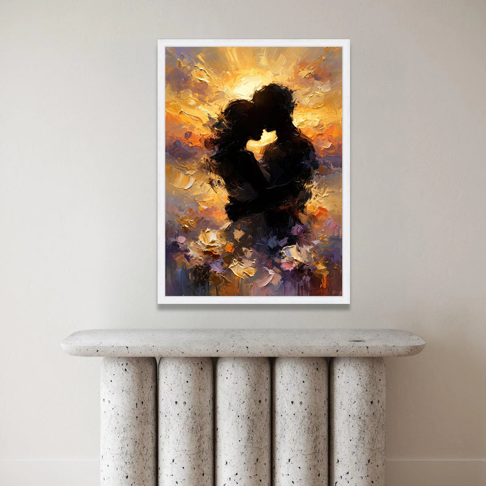 Romantic Silhouettes Embrace Sunset Canvas, Abstract Couple Wall Art, Warm Glow Home Decoration, Love Themed Canvas Art Canvas Print Art