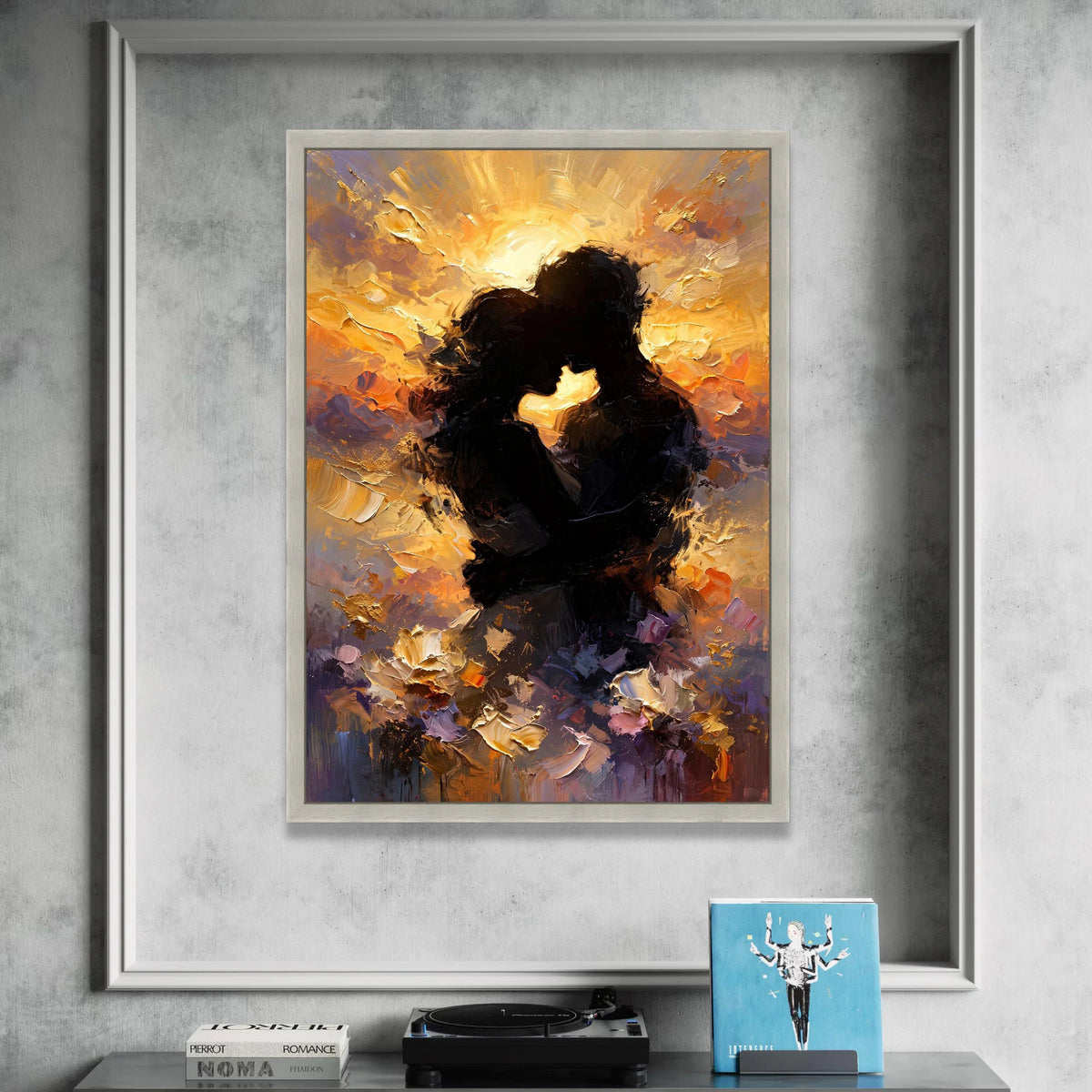 Romantic Silhouettes Embrace Sunset Canvas, Abstract Couple Wall Art, Warm Glow Home Decoration, Love Themed Canvas Art Canvas Print Art