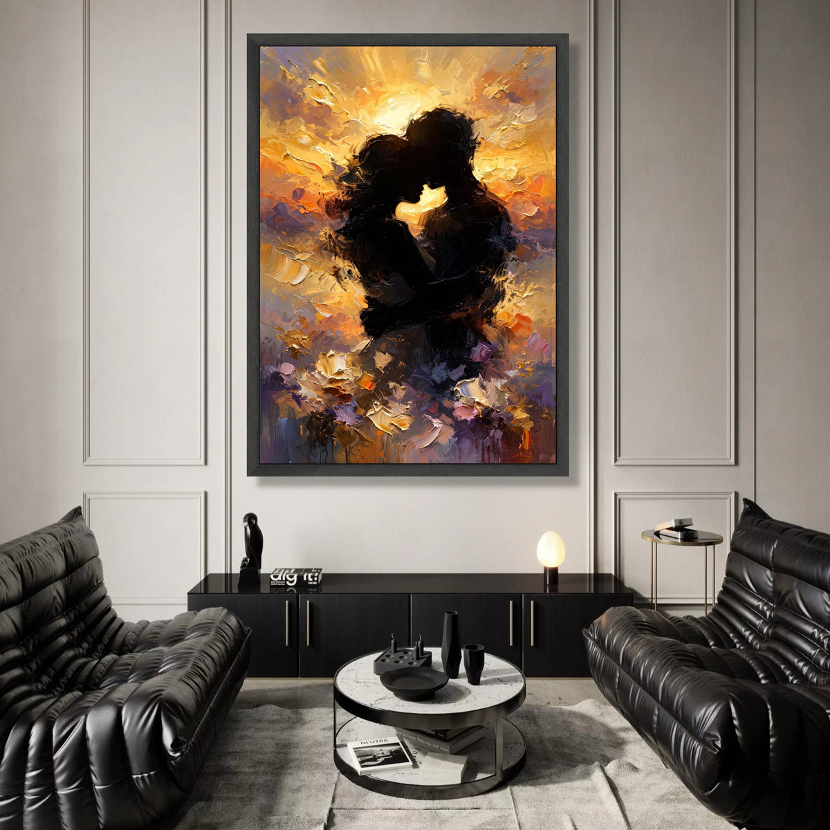 Romantic Silhouettes Embrace Sunset Canvas, Abstract Couple Wall Art, Warm Glow Home Decoration, Love Themed Canvas Art Canvas Print Art