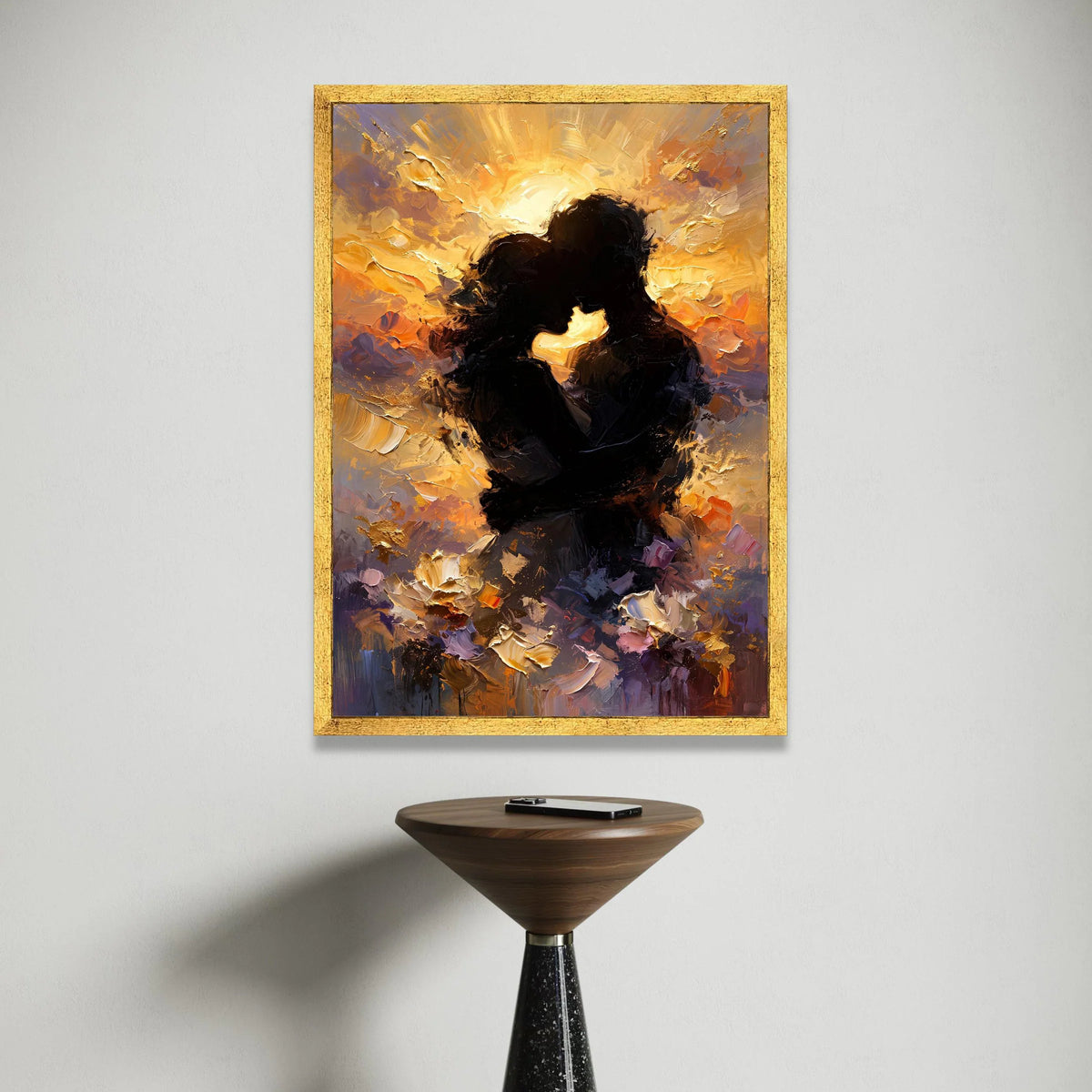 Romantic Silhouettes Embrace Sunset Canvas, Abstract Couple Wall Art, Warm Glow Home Decoration, Love Themed Canvas Art Canvas Print Art