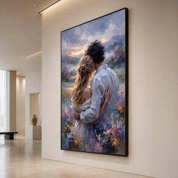 Romantic Couple Embrace Canvas, Sunset Landscape Wall Art, Love and Togetherness Painting, Intimate Moment Canvas Decor Canvas Print Art