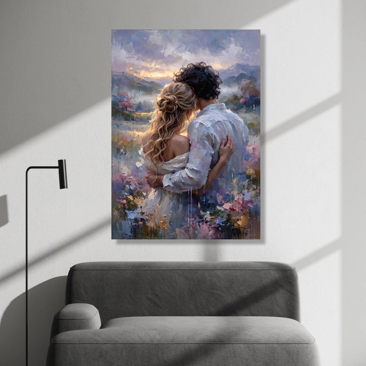Romantic Couple Embrace Canvas, Sunset Landscape Wall Art, Love and Togetherness Painting, Intimate Moment Canvas Decor Canvas Print Art