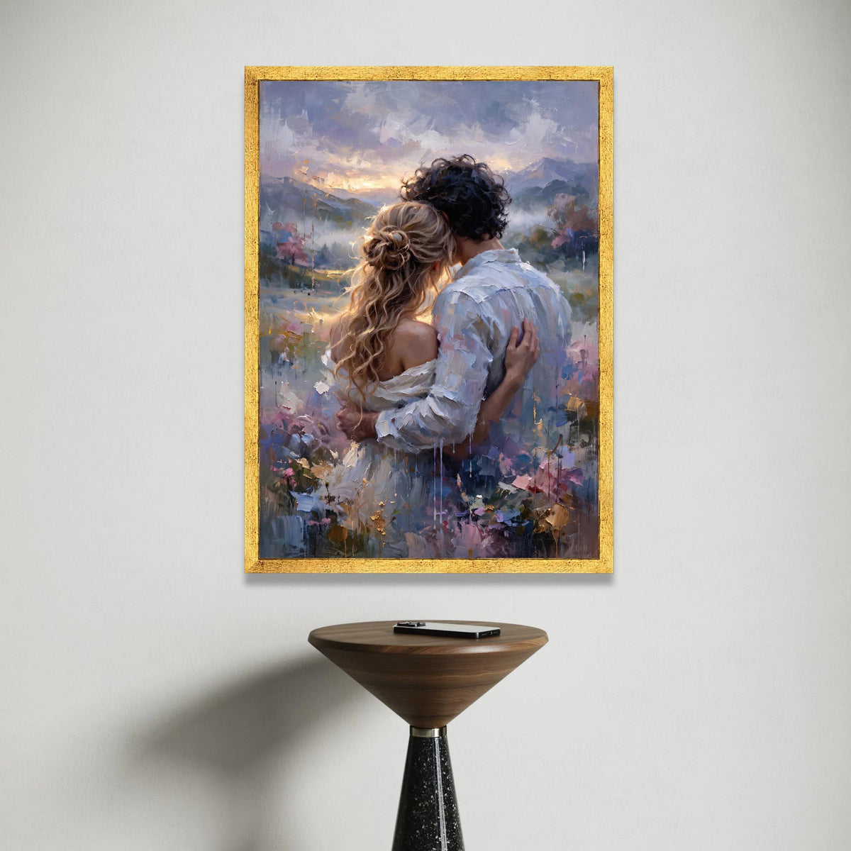 Romantic Couple Embrace Canvas, Sunset Landscape Wall Art, Love and Togetherness Painting, Intimate Moment Canvas Decor Canvas Print Art