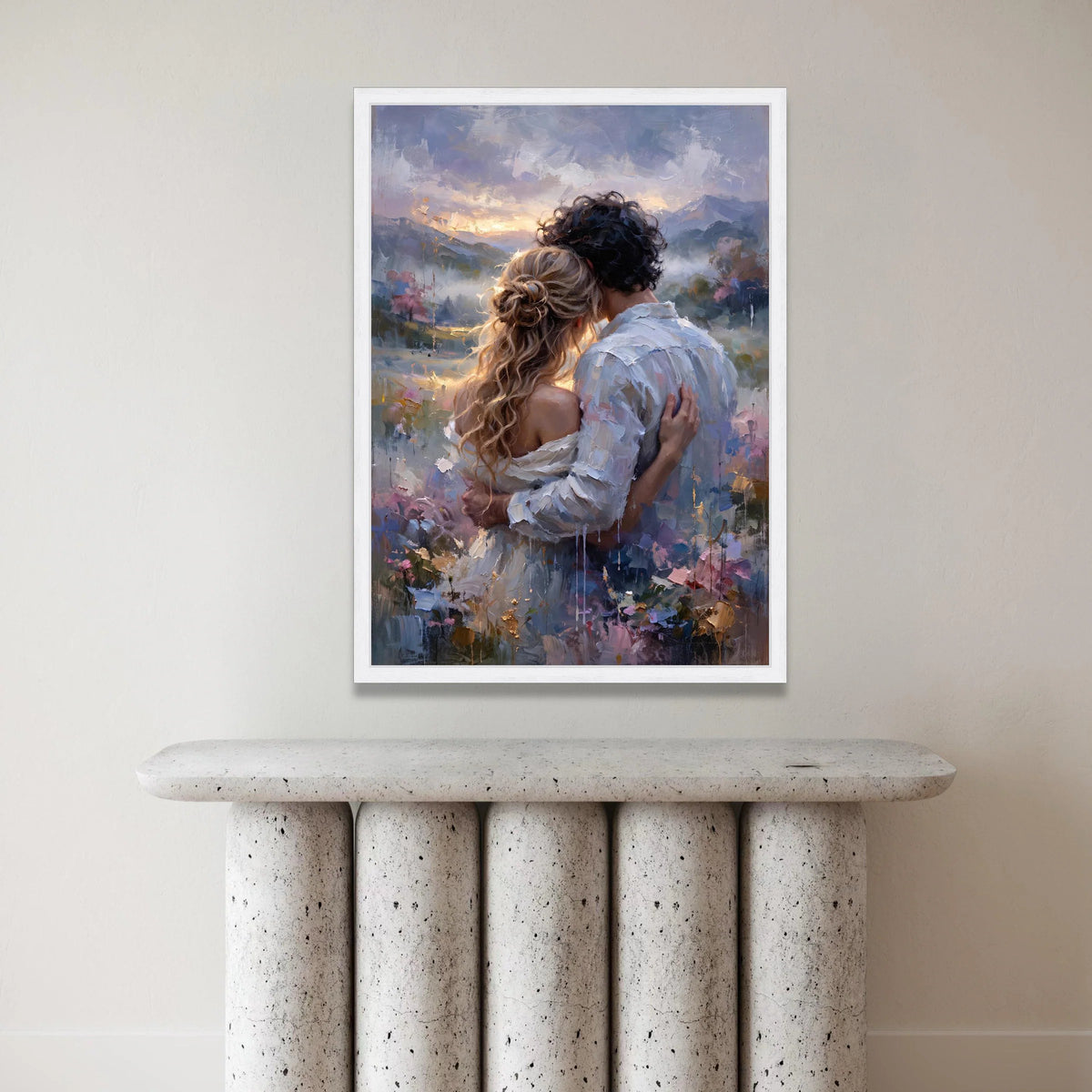 Romantic Couple Embrace Canvas, Sunset Landscape Wall Art, Love and Togetherness Painting, Intimate Moment Canvas Decor Canvas Print Art
