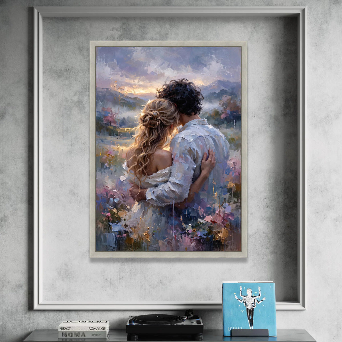 Romantic Couple Embrace Canvas, Sunset Landscape Wall Art, Love and Togetherness Painting, Intimate Moment Canvas Decor Canvas Print Art