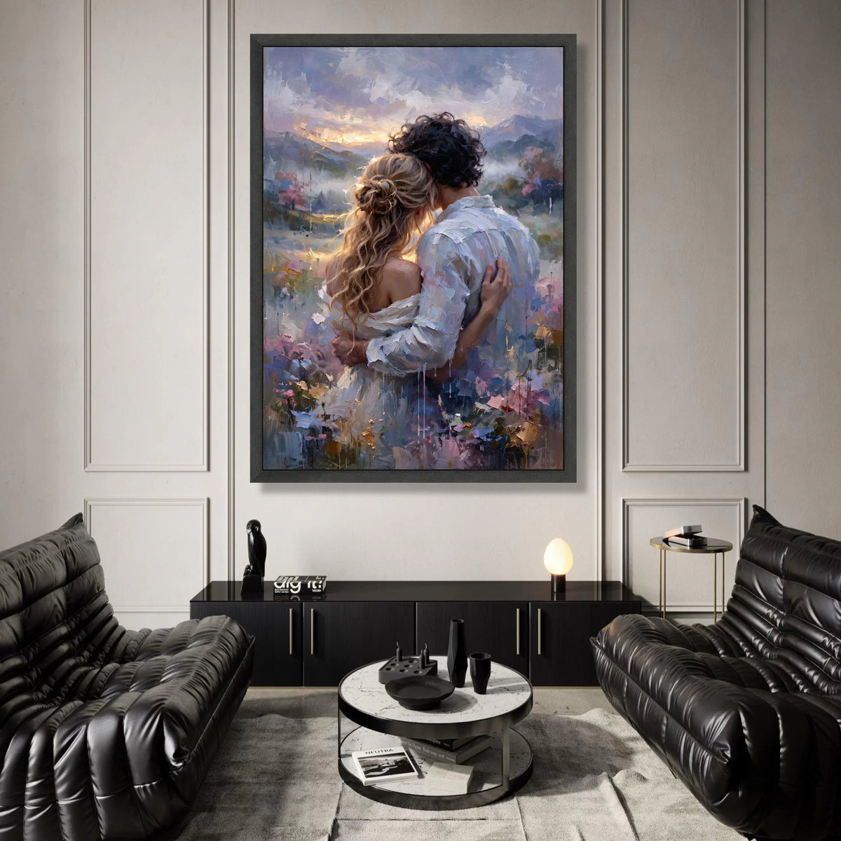 Romantic Couple Embrace Canvas, Sunset Landscape Wall Art, Love and Togetherness Painting, Intimate Moment Canvas Decor Canvas Print Art