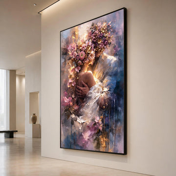 Romantic Floral Embrace Canvas, Woman with Flower Crown Wall Art, Elegant Portrait Canvas, Soft Pastel Home Decor, Ready to Canvas Print Art