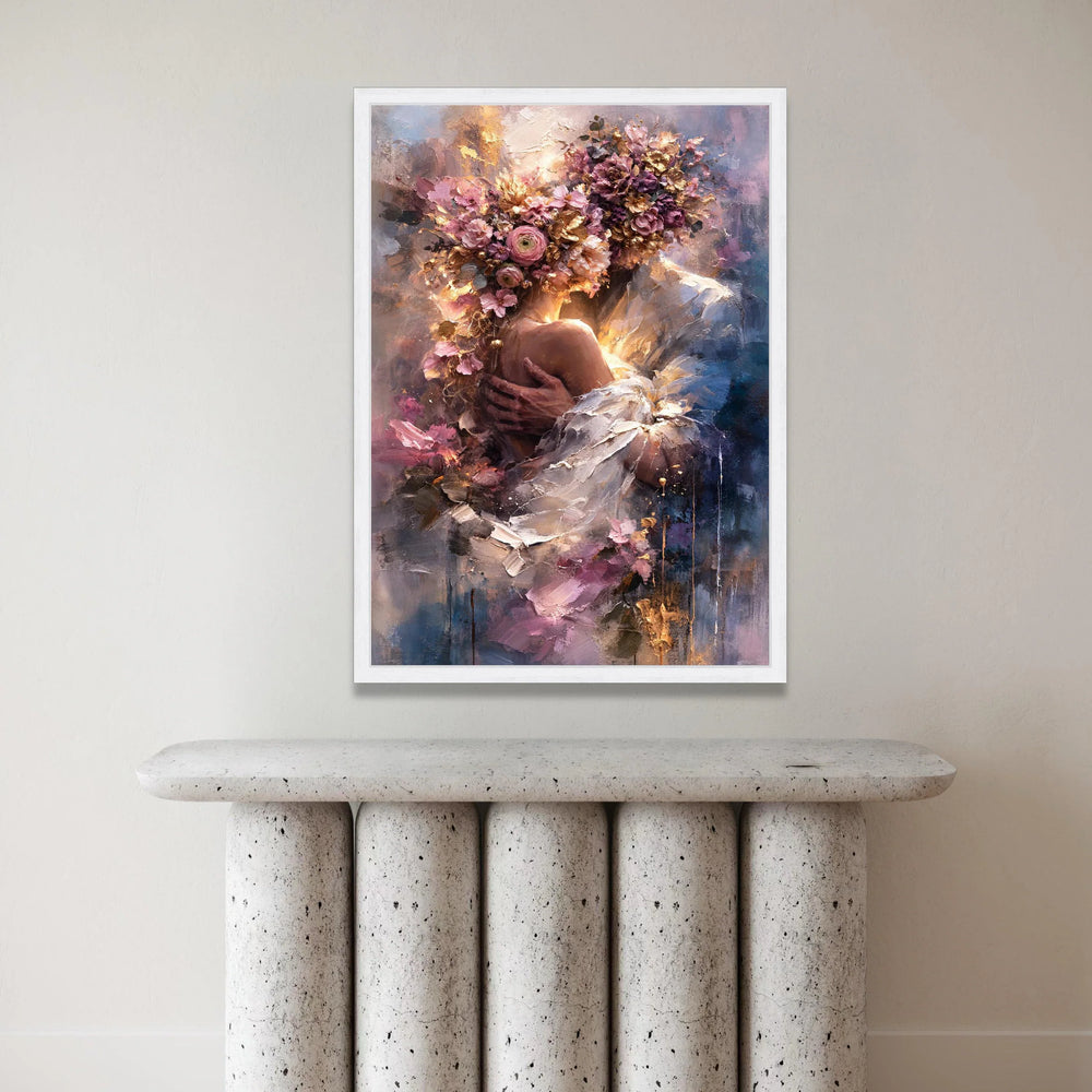 Romantic Floral Embrace Canvas, Woman with Flower Crown Wall Art, Elegant Portrait Canvas, Soft Pastel Home Decor, Ready to Canvas Print Art