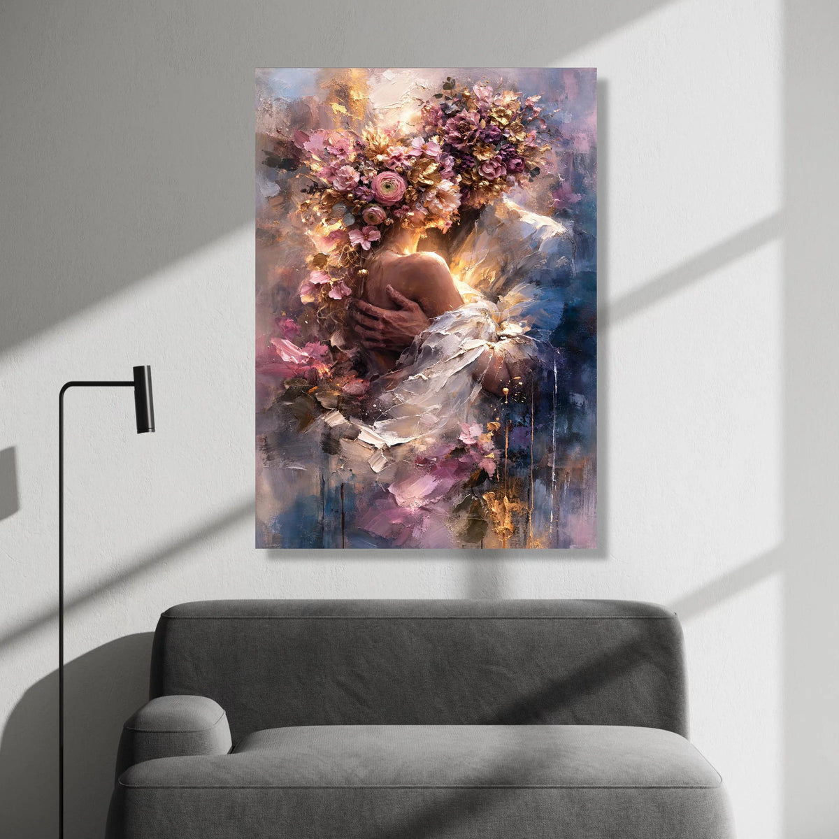 Romantic Floral Embrace Canvas, Woman with Flower Crown Wall Art, Elegant Portrait Canvas, Soft Pastel Home Decor, Ready to Canvas Print Art