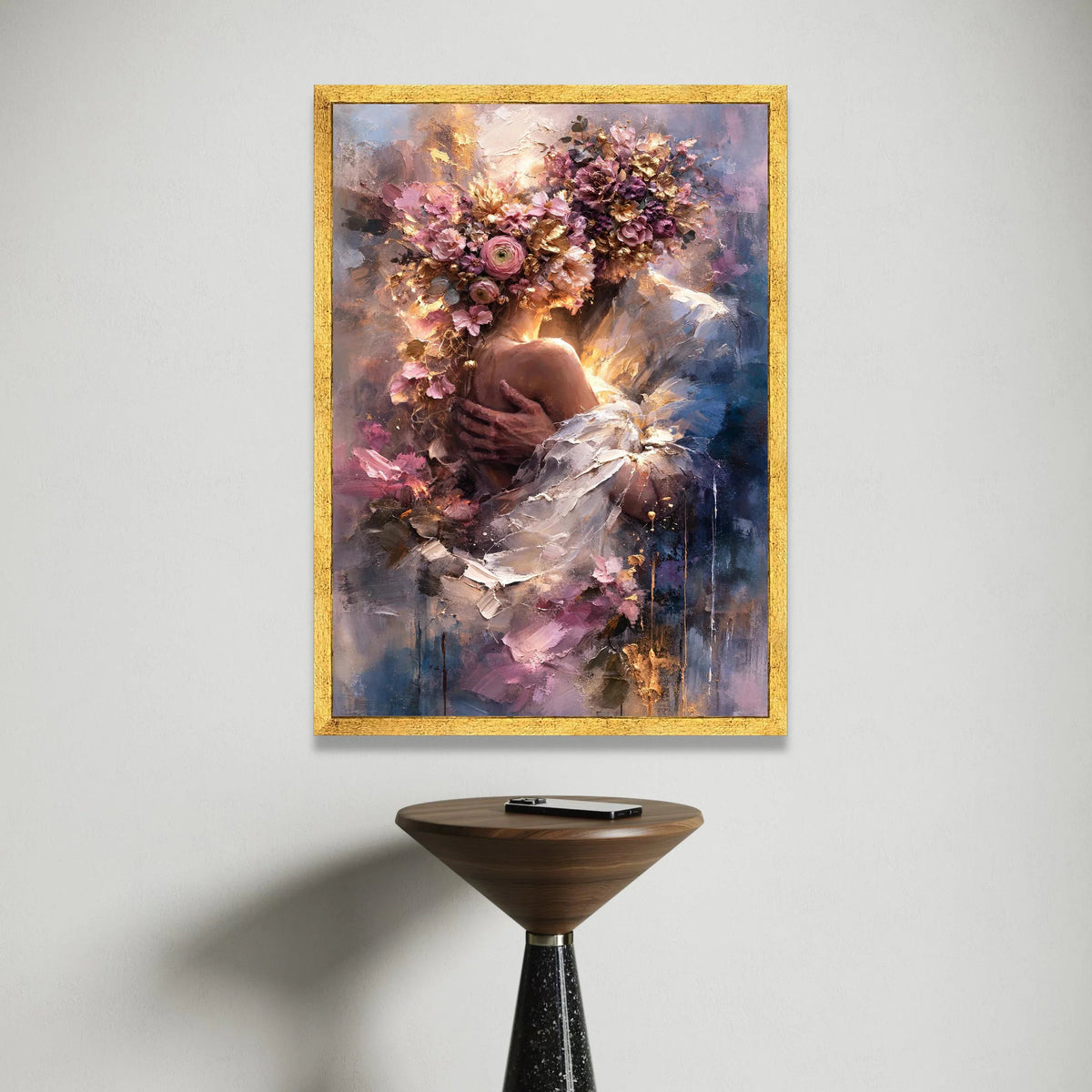 Romantic Floral Embrace Canvas, Woman with Flower Crown Wall Art, Elegant Portrait Canvas, Soft Pastel Home Decor, Ready to Canvas Print Art