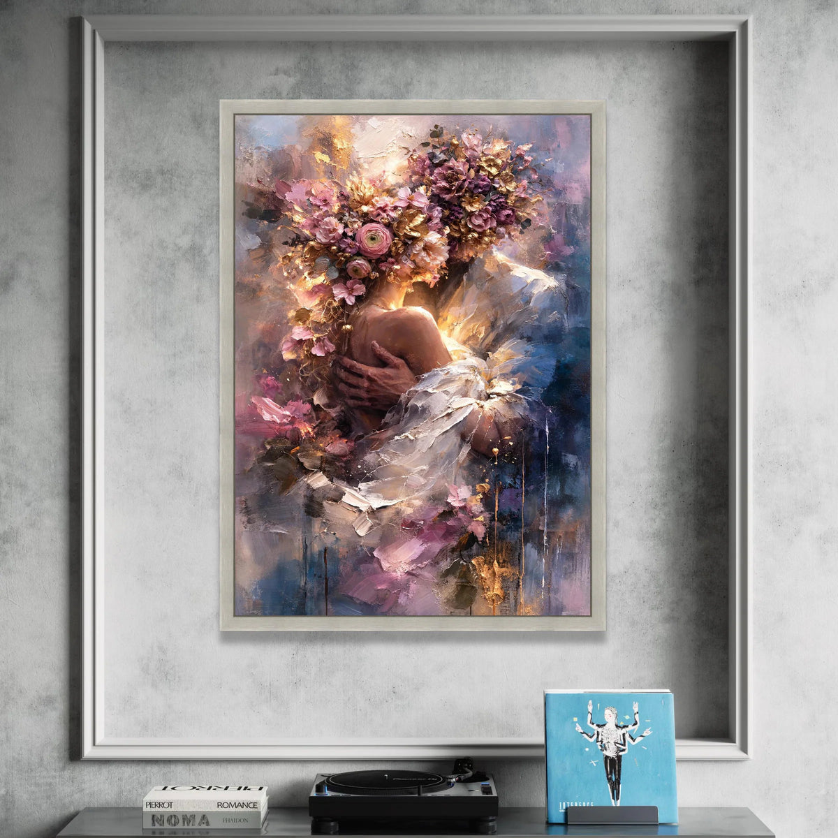 Romantic Floral Embrace Canvas, Woman with Flower Crown Wall Art, Elegant Portrait Canvas, Soft Pastel Home Decor, Ready to Canvas Print Art