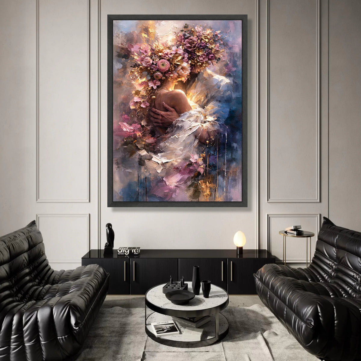 Romantic Floral Embrace Canvas, Woman with Flower Crown Wall Art, Elegant Portrait Canvas, Soft Pastel Home Decor, Ready to Canvas Print Art