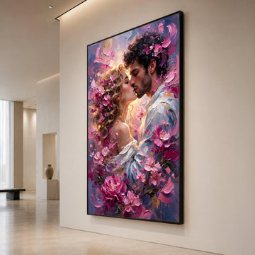 Romantic Couple Embrace Canvas, Floral Kiss Wall Art, Love Portrait Canvas, Pink Blossoms Home Decor, Romantic Bedroom Canvas Print Art