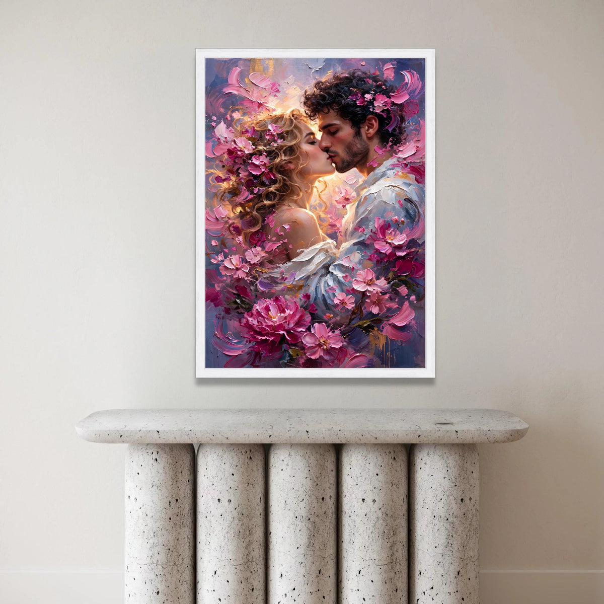 Romantic Couple Embrace Canvas, Floral Kiss Wall Art, Love Portrait Canvas, Pink Blossoms Home Decor, Romantic Bedroom Canvas Print Art