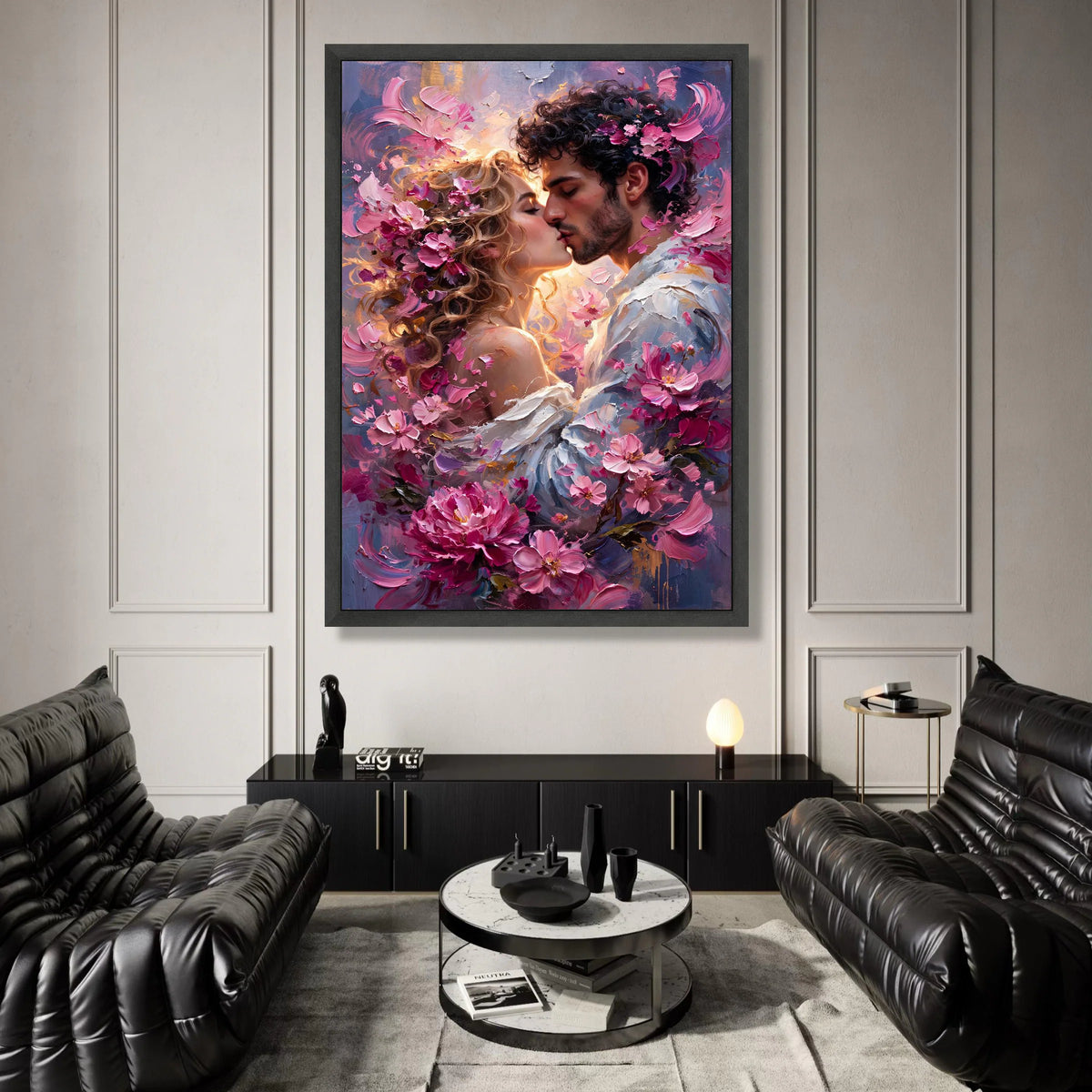 Romantic Couple Embrace Canvas, Floral Kiss Wall Art, Love Portrait Canvas, Pink Blossoms Home Decor, Romantic Bedroom Canvas Print Art