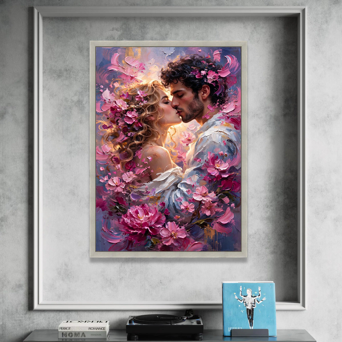 Romantic Couple Embrace Canvas, Floral Kiss Wall Art, Love Portrait Canvas, Pink Blossoms Home Decor, Romantic Bedroom Canvas Print Art
