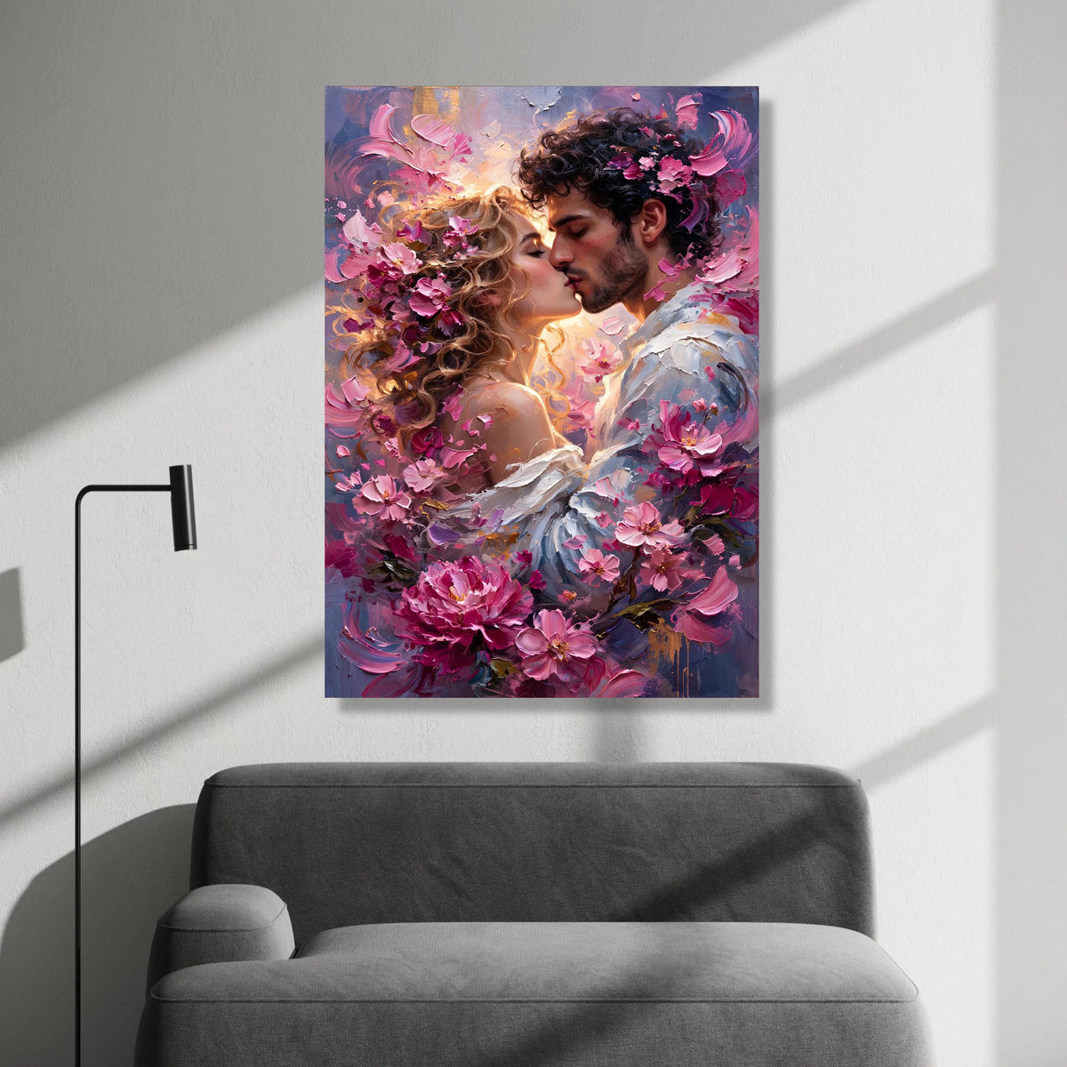 Romantic Couple Embrace Canvas, Floral Kiss Wall Art, Love Portrait Canvas, Pink Blossoms Home Decor, Romantic Bedroom Canvas Print Art