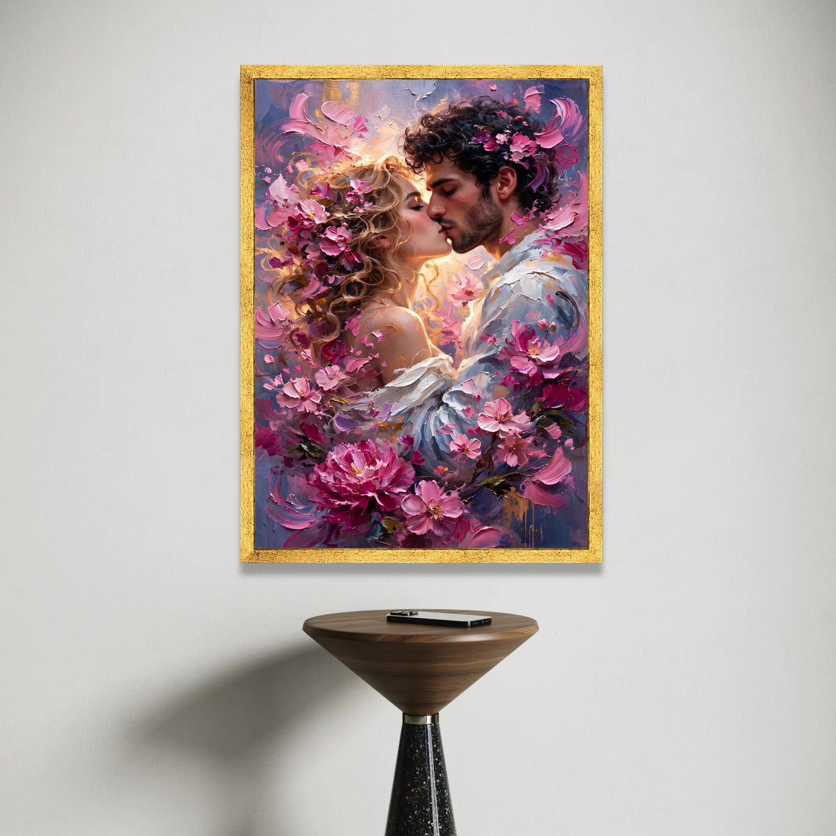Romantic Couple Embrace Canvas, Floral Kiss Wall Art, Love Portrait Canvas, Pink Blossoms Home Decor, Romantic Bedroom Canvas Print Art