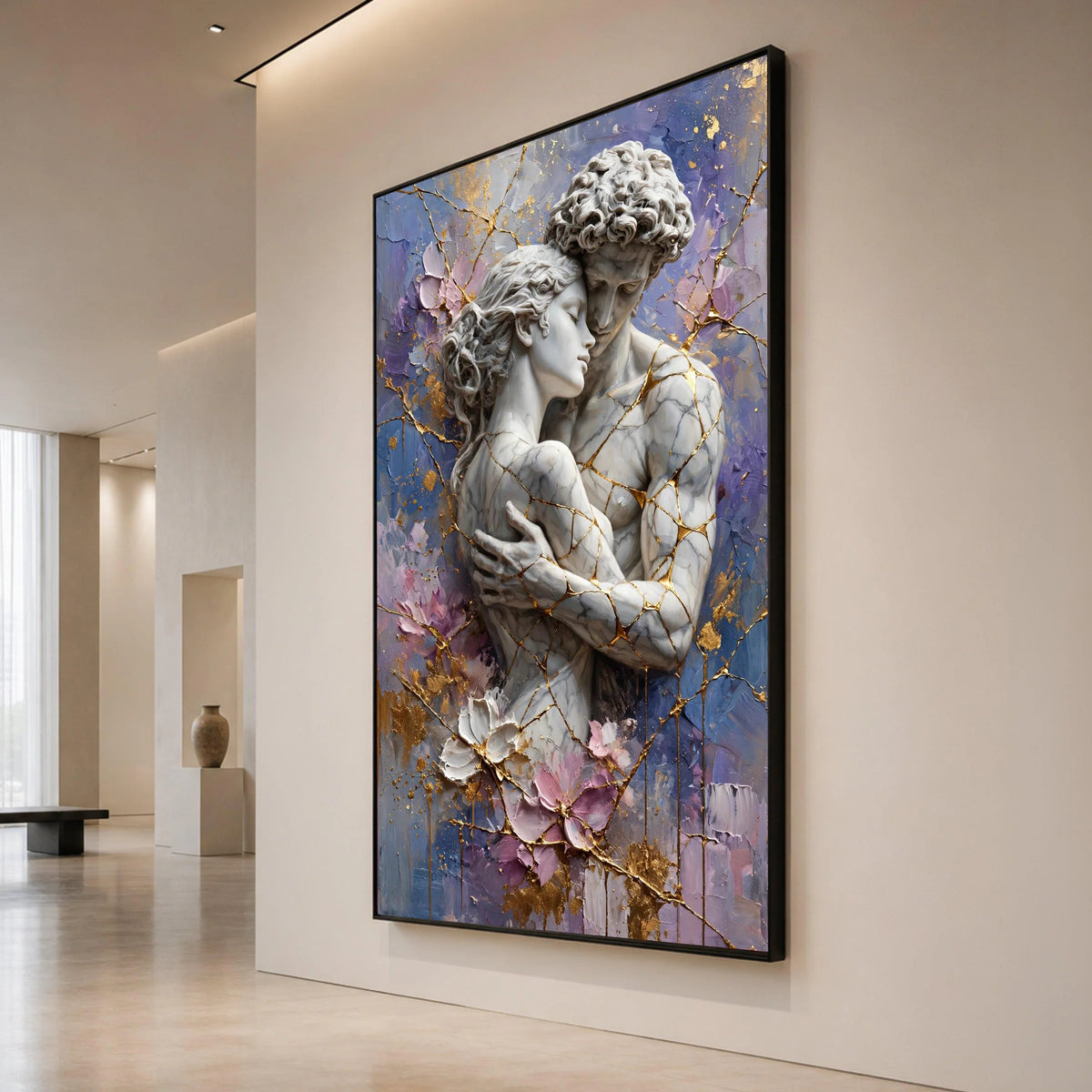 Embracing Lovers Marble Sculpture Canvas, Romantic Couple Wall Art, Abstract Floral Background, Gold Vein Accents, Intimate Canvas Print Art
