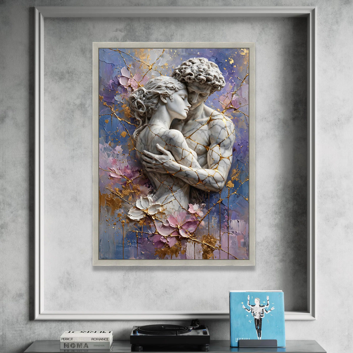 Embracing Lovers Marble Sculpture Canvas, Romantic Couple Wall Art, Abstract Floral Background, Gold Vein Accents, Intimate Canvas Print Art