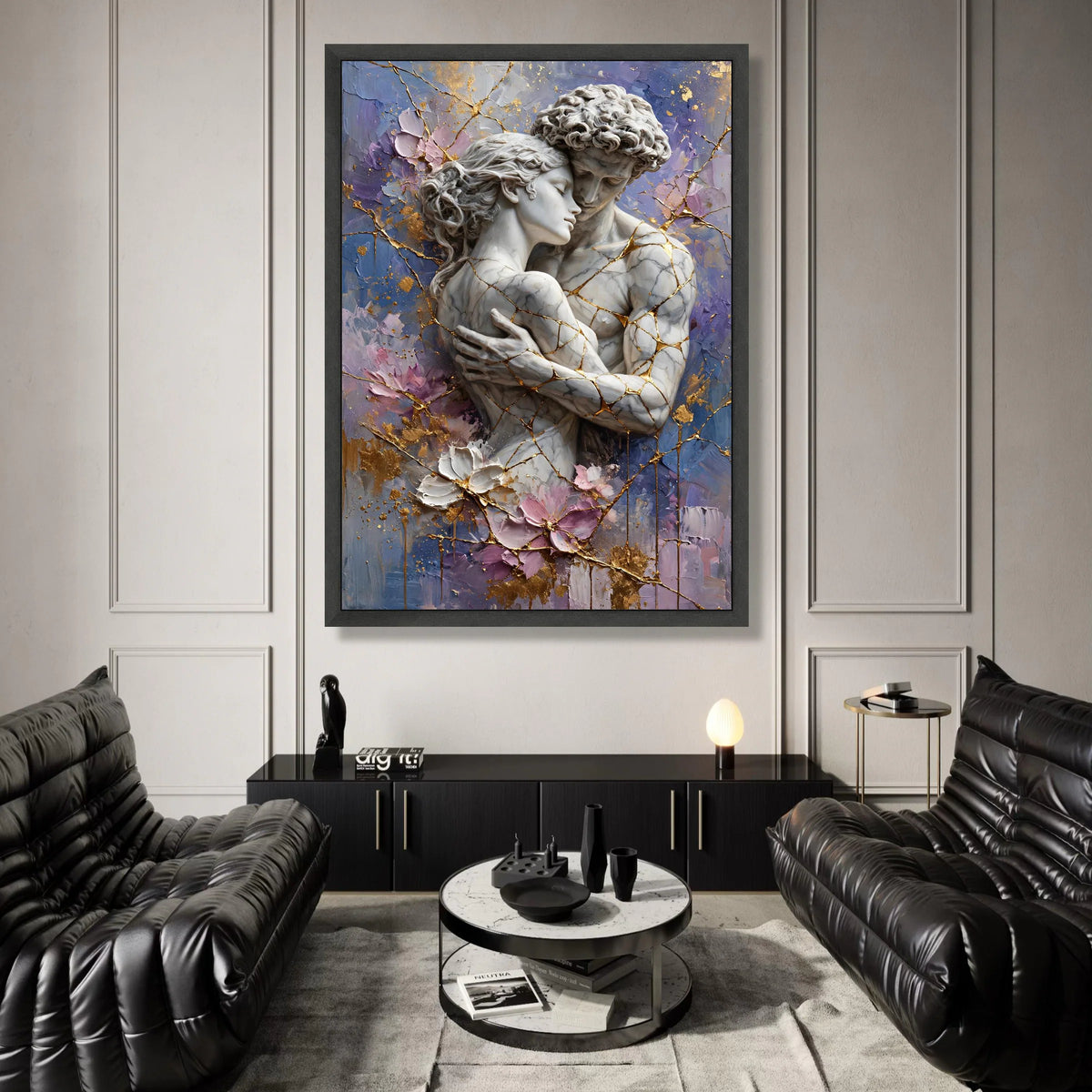 Embracing Lovers Marble Sculpture Canvas, Romantic Couple Wall Art, Abstract Floral Background, Gold Vein Accents, Intimate Canvas Print Art