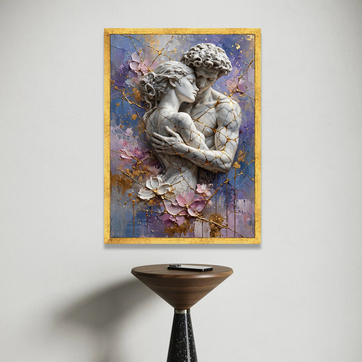Embracing Lovers Marble Sculpture Canvas, Romantic Couple Wall Art, Abstract Floral Background, Gold Vein Accents, Intimate Canvas Print Art