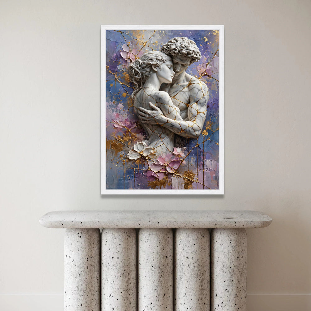 Embracing Lovers Marble Sculpture Canvas, Romantic Couple Wall Art, Abstract Floral Background, Gold Vein Accents, Intimate Canvas Print Art