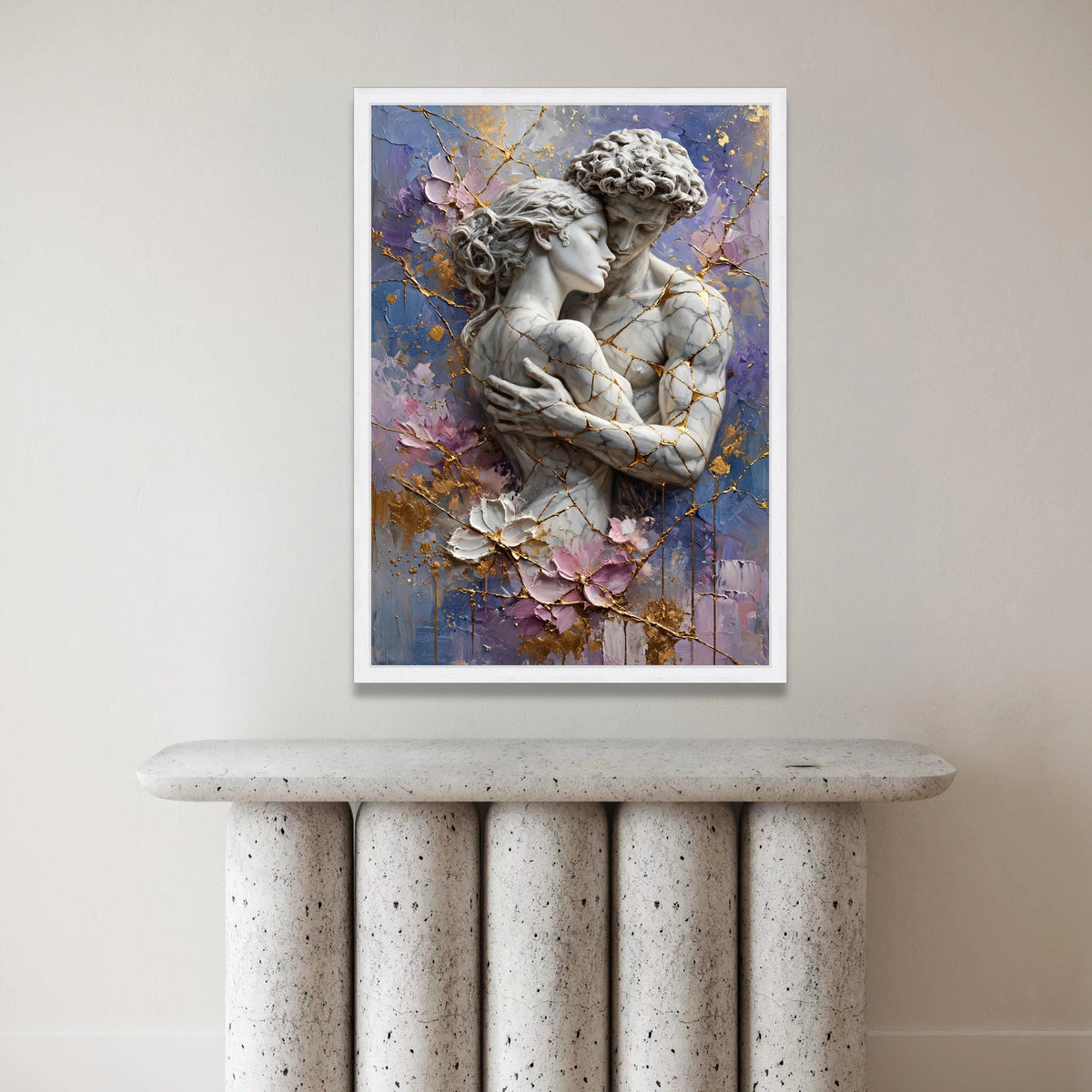 Embracing Lovers Marble Sculpture Canvas, Romantic Couple Wall Art, Abstract Floral Background, Gold Vein Accents, Intimate Canvas Print Art