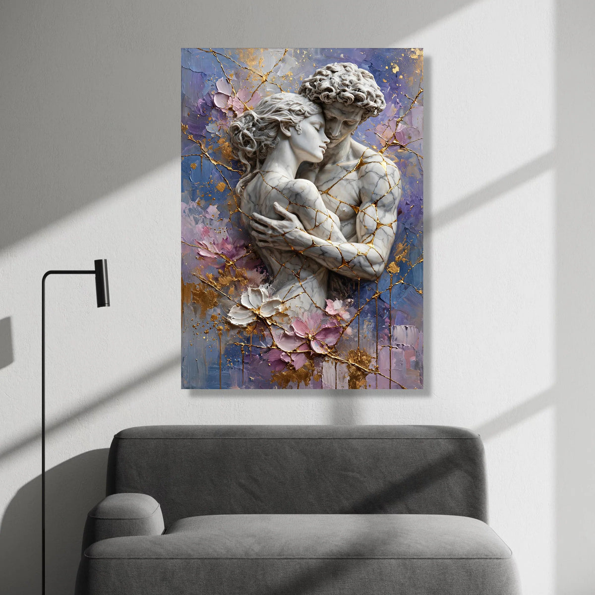 Embracing Lovers Marble Sculpture Canvas, Romantic Couple Wall Art, Abstract Floral Background, Gold Vein Accents, Intimate Canvas Print Art