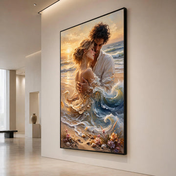 Romantic Embrace on Seashore Canvas, Sunset Beach Couple Wall Art, Ocean Waves Home Decor, Intimate Coastal Scene Canvas Canvas Print Art