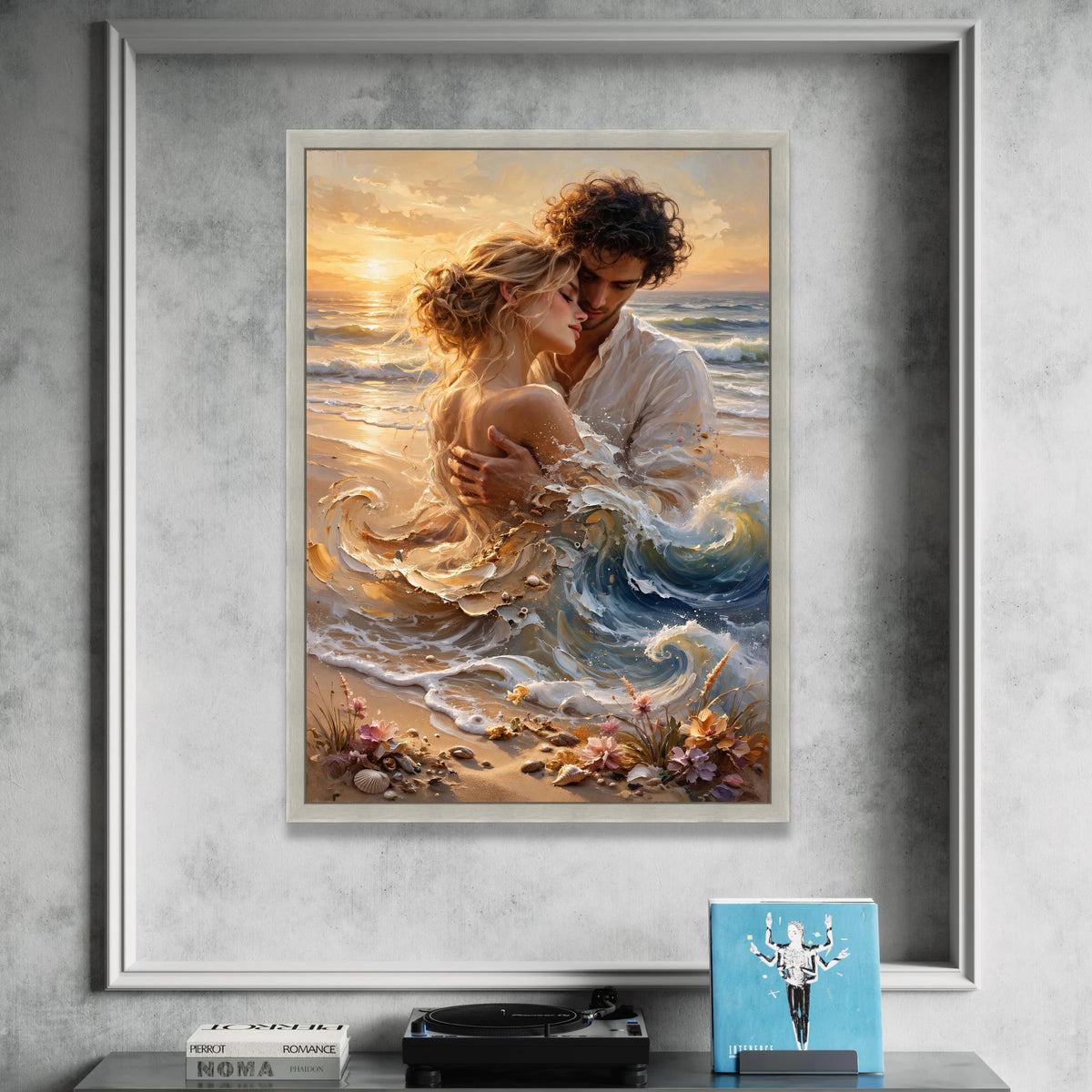 Romantic Embrace on Seashore Canvas, Sunset Beach Couple Wall Art, Ocean Waves Home Decor, Intimate Coastal Scene Canvas Canvas Print Art