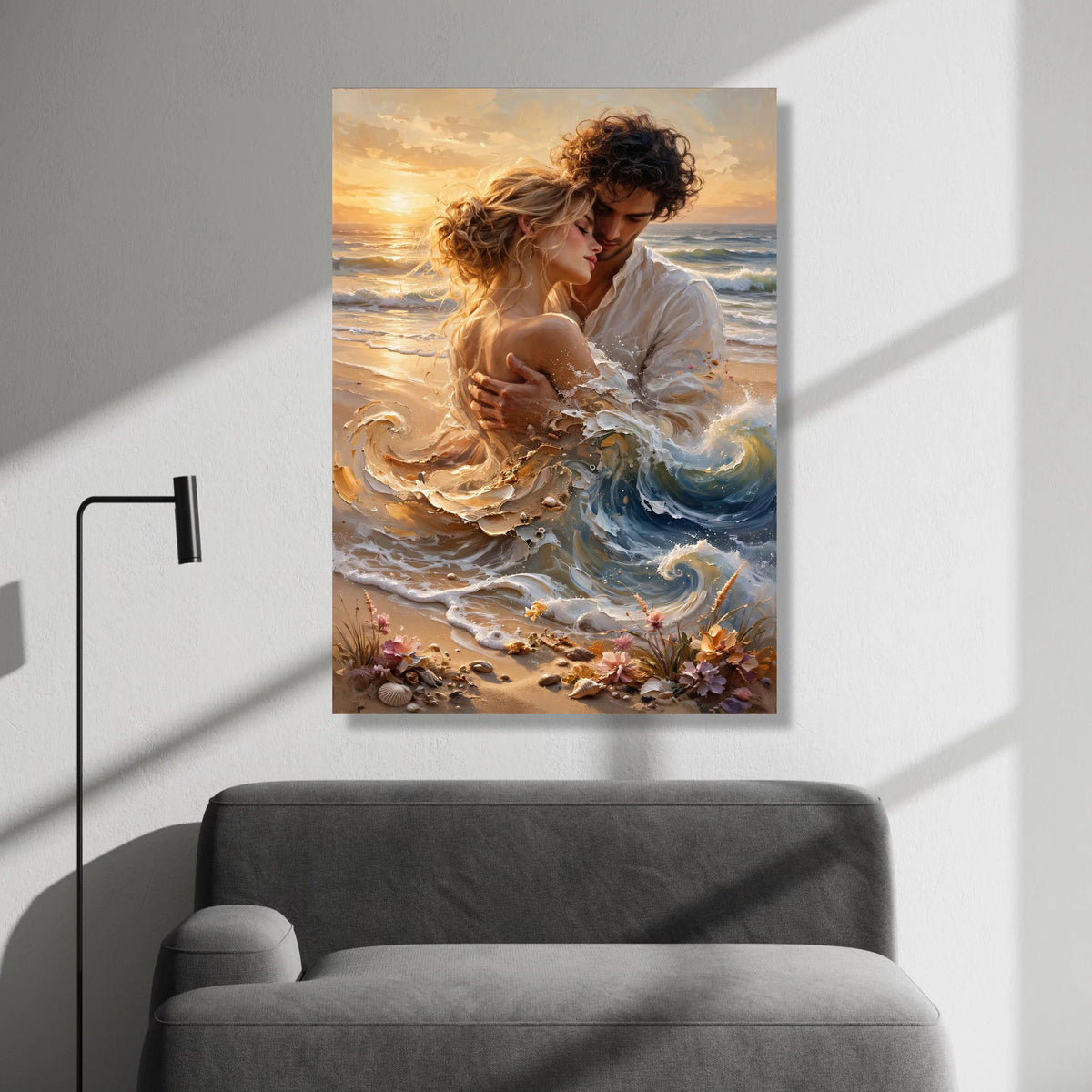 Romantic Embrace on Seashore Canvas, Sunset Beach Couple Wall Art, Ocean Waves Home Decor, Intimate Coastal Scene Canvas Canvas Print Art